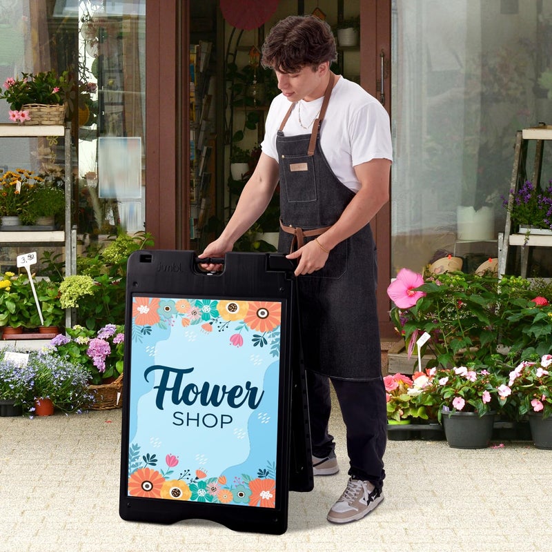 Jumbl A-Frame Signboard 22â€ x 28â€ Display Surface â€“ Large Outdoor Sandwich Board w/Weather Resistant PVC Sign Protector & Sand Fill Holes â€“ Dual Signage Stand for Storefront Sidewalk Curb (Black) - Image 2